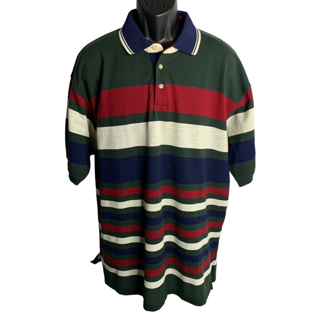 Vintage 90s Bugle Boy Knit Polo Shirt XL Green Stripes Short Sleeves Buttons